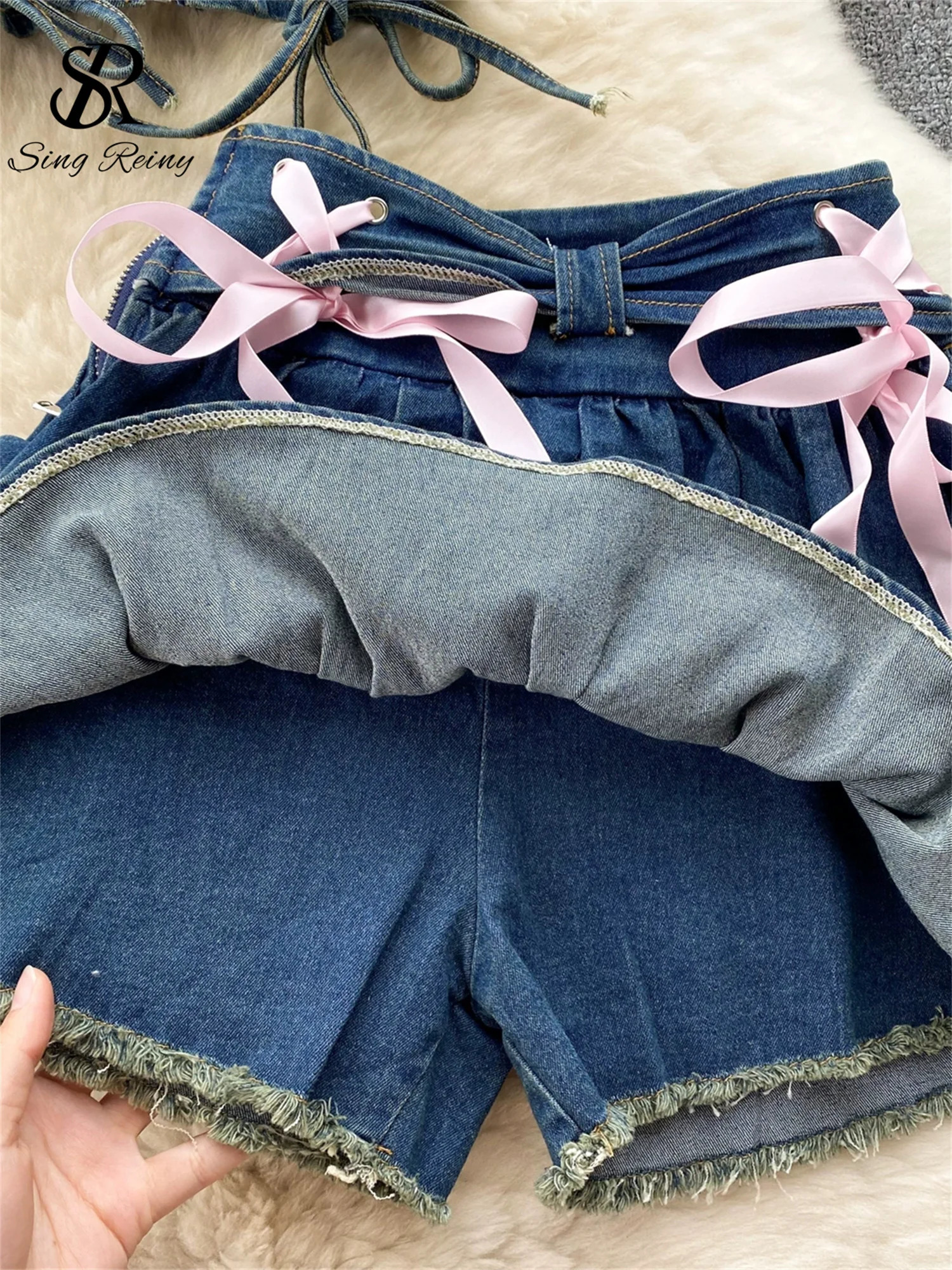 SINGREENY week denim twopiece zip strapless Y2K topelastic mini Culottes lace cross bandage streetwear set 250312