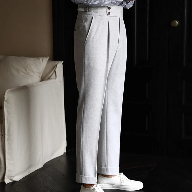 Italian mens formal pants Pantalones Hombre ankle British high waisted straight social Trousers 250313