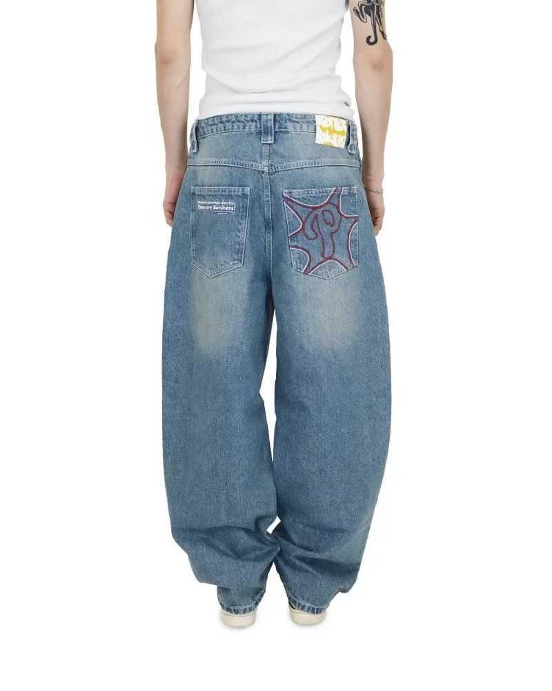 Protect Streetwear Jeans Y2K Mens Pants Harajuku Hip Hop Alphabet Embroidery Retro Blue Pocket Jeans High Waist Wide Legs TrouserT250319