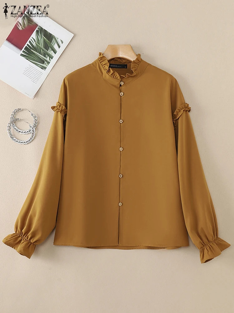 ZANZEA 2025 Spring Lantern Sleeves Shirts Elegant Ruffle Collar Solid Long Sleeve Chemise Femme Casual Button Up Women Blouses 250310