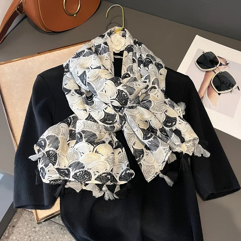 Fashion Colorful Shells Tassel Viscose Shawl Scarf Lady High Quality Wrap Pashmina Stole Bufandas Muslim Hijab 180*90Cm 250314