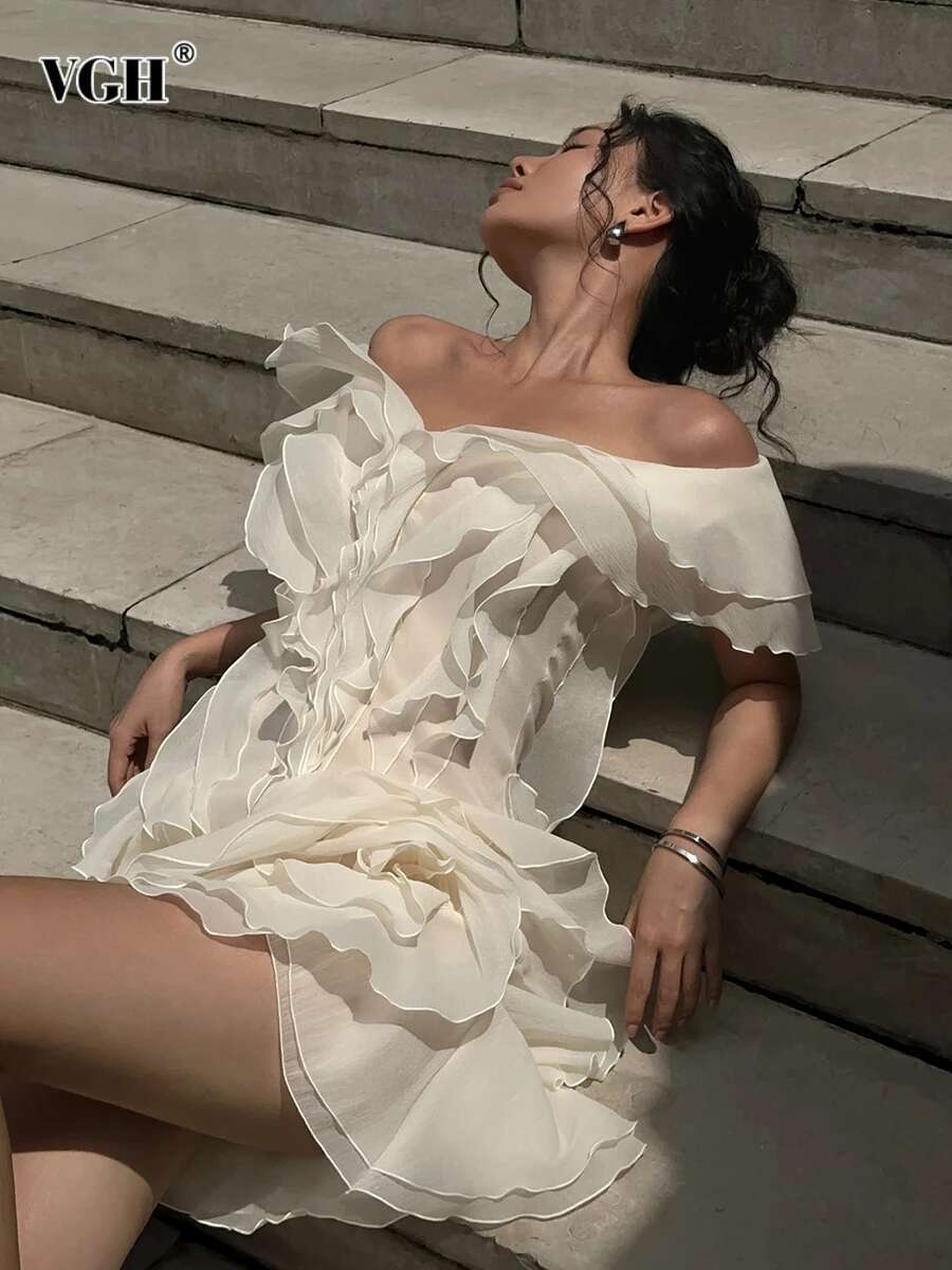 VGH Sweet Ruffles Off Theshoulder Party Dresses For Women Slash Neck Sleeve Backless High Waist Slim Short Dress Female