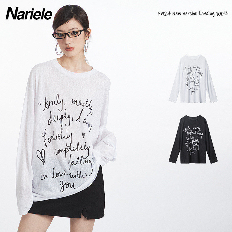 Nariele Autumn New 2025 Letter Printed Loose Couple T-Shirt Niche Trendy Brand Versatile Top