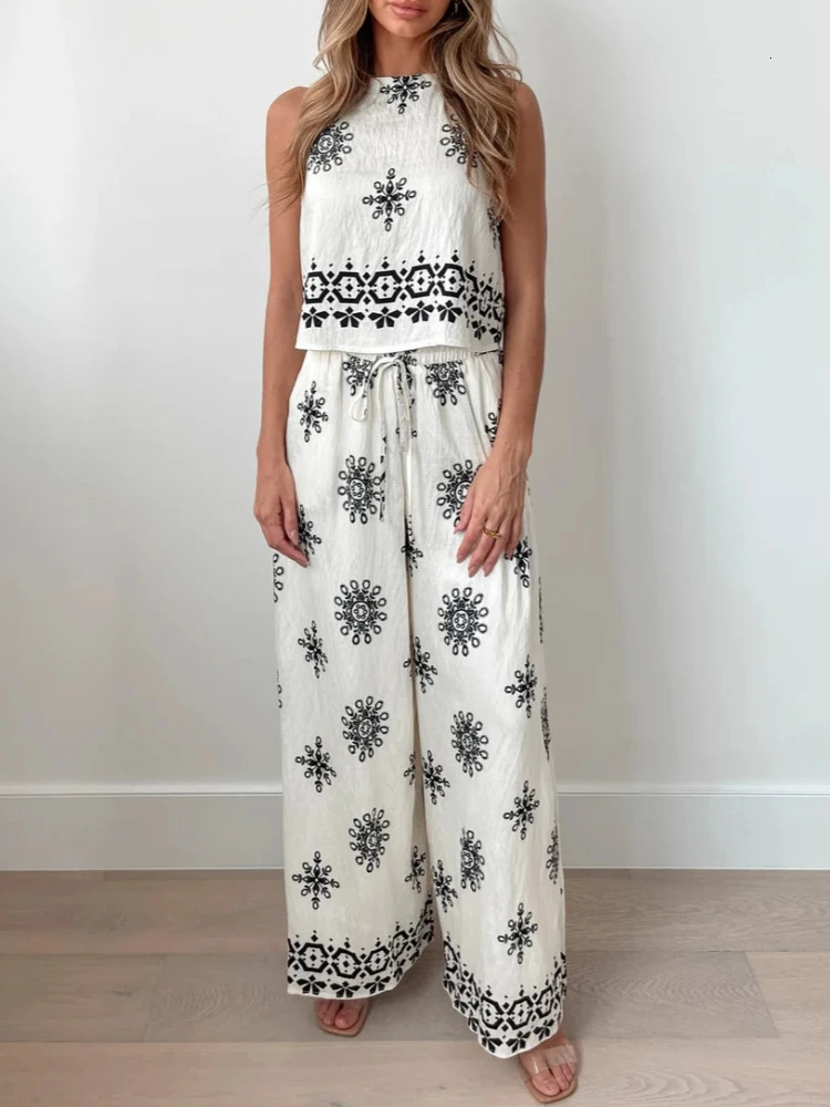 Bohemia Floral Print Loose Long Pants Set Women Casual Oneck Sleeveless TopsWide Leg Two Piece Sets Summer Beach Outfits 250313