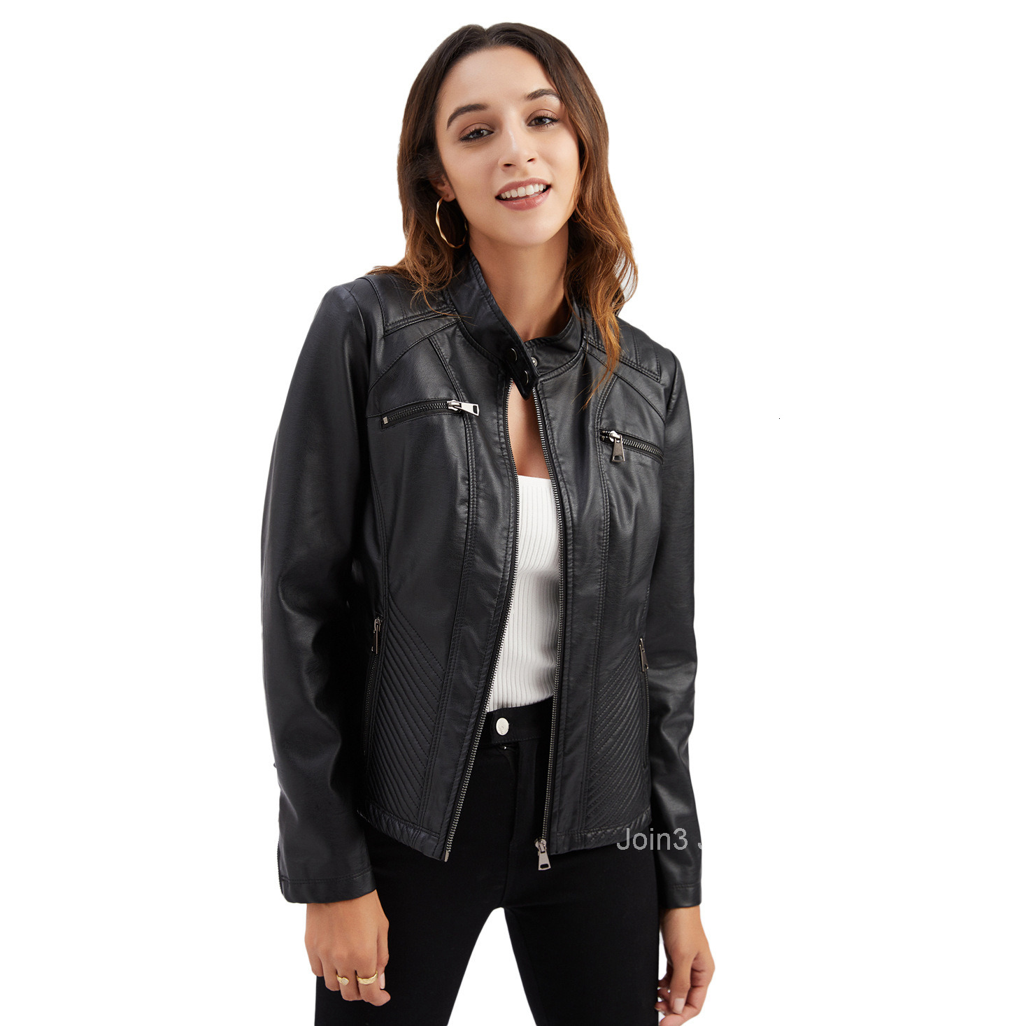 Fashion New Womens Casual Leather Jacket Stand Collar Jacket Slim Jacket Womens Spring and Autumn Solid Color Womens Leather Jacket