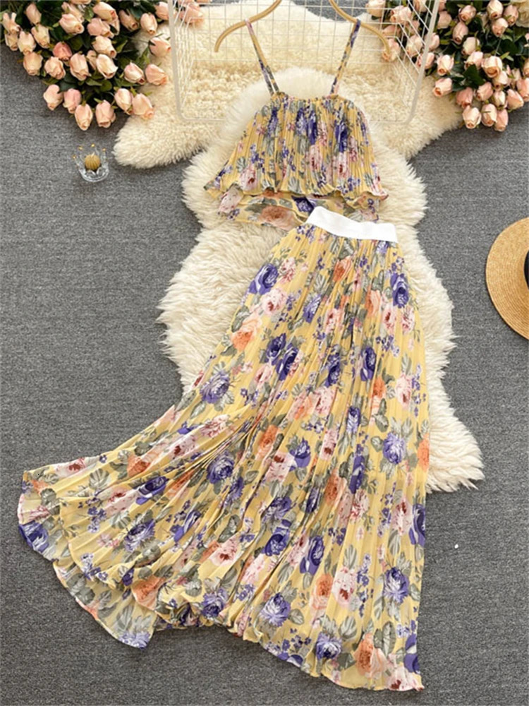 Womens summer vacation twopiece set spaghetti shoulder strap short top and hollow high waisted Midi skiing 250313