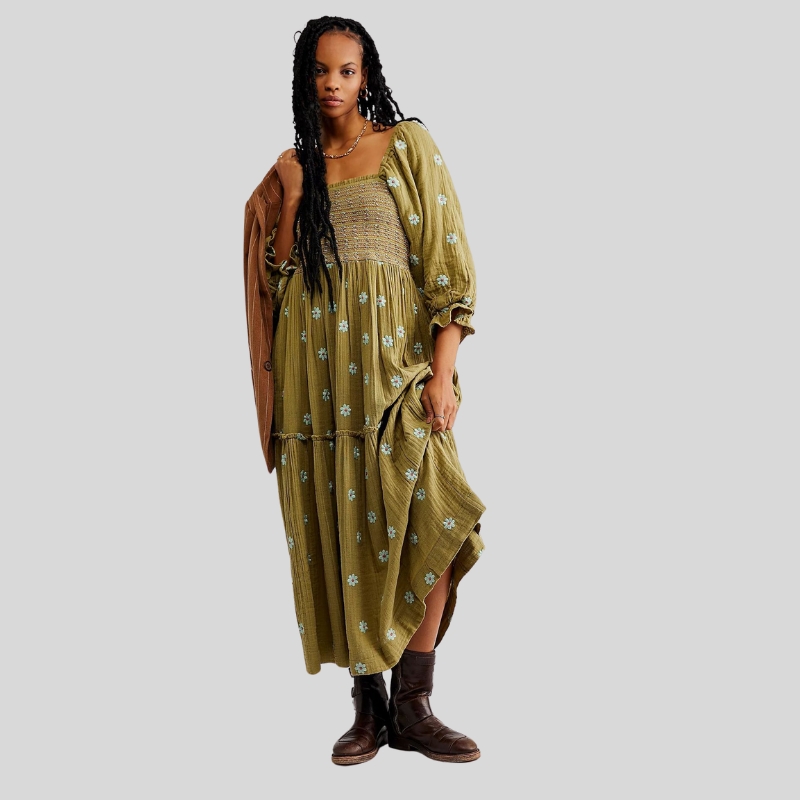 Autumn New Casual Trumpet Sleeves Wrap Embroidered Square Neck Sunflower Dress