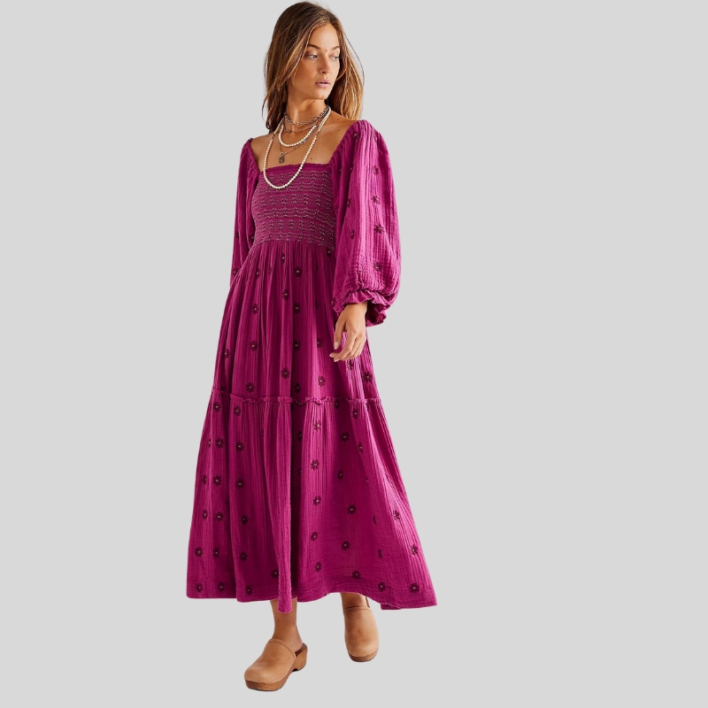 Autumn New Casual Trumpet Sleeves Wrap Embroidered Square Neck Sunflower Dress