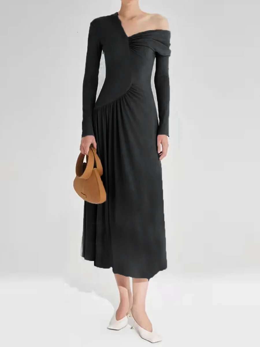 TWOTWINSTYLE Solid Slimming Patchwork Folds Dresses For Women V Neck Long Sleeve High Waist Minimalist Pullover Dress Female New