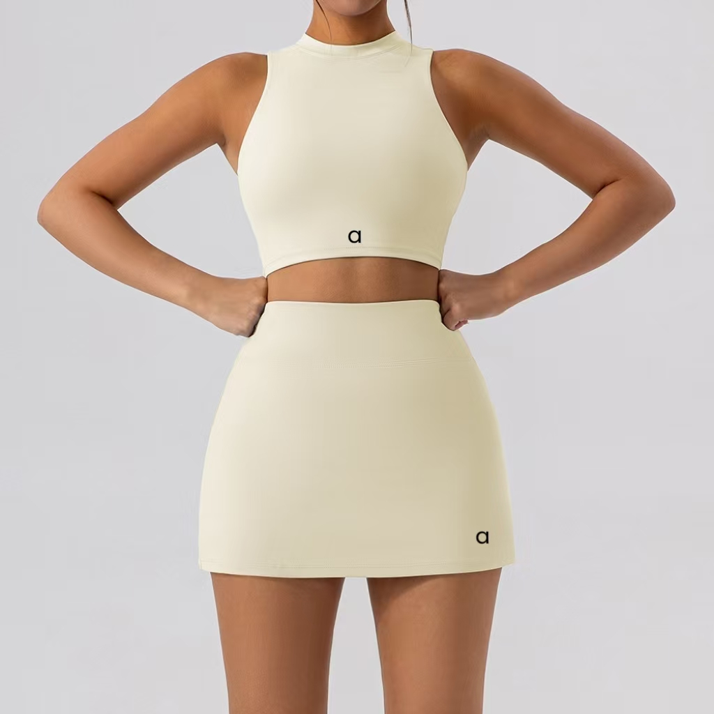 2025--Womens Yoga Sets Outfit Sets Skirts Vest Tennis Sleeveless Workout Gym Skirt Suit High Waist Sportwear For Running