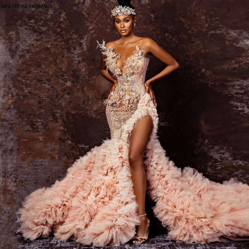 Add to Wish Custom Beading Mermaid Ball Sexy Slit Side Pink Tulle Train 3D Appliques Party Dress prom
