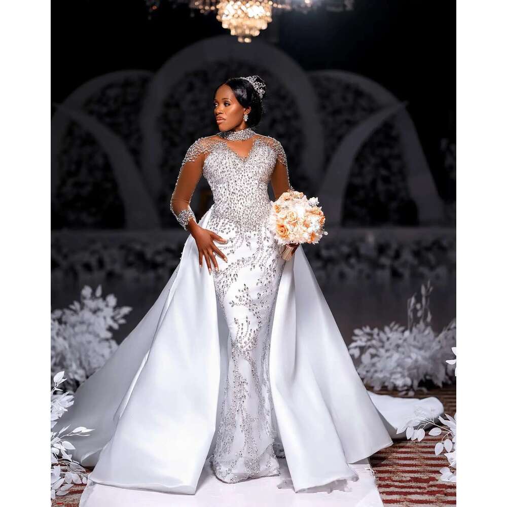 Custom Sparkle Crystals Heavy Beads Mermaid Dress With Removable Satin Skirt Full Sleeves Button Back Wedding Dresses