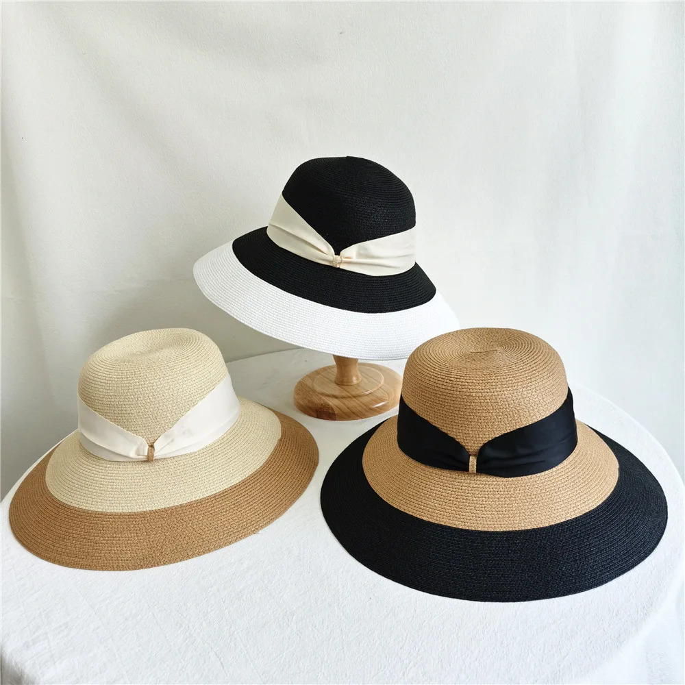 Classic wide Brim womens sun hat black ribbon with summer straw hat rotating Brim church hat set holiday derby hat 250314