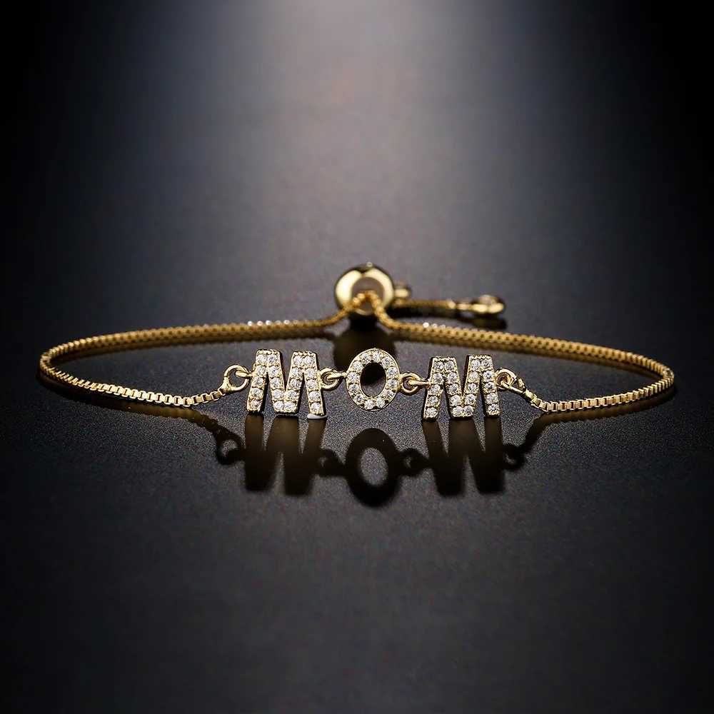 ZAKOL Exquisite Mom Letter CZ Bracelet Womens Sparkling Micro paved Zirconia Gold Color Adjustable Chain Bracelet GiftXJ250315
