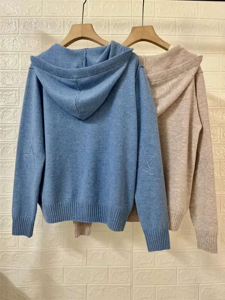 Hooded Women Star Embroidery Sweater Zipper 100% Cashmere Long Sleeve Loose 2024 Fall Winter Female Knit Cardigan Coat