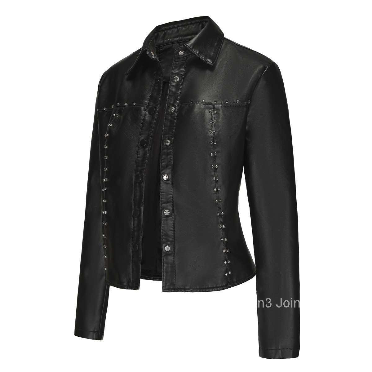 Fashion Spring and Autumn New Rivet Leather Jacket Cardigan Button Up Leather Jacket Fashion Trend Thin Coat Womens Clothing Join3