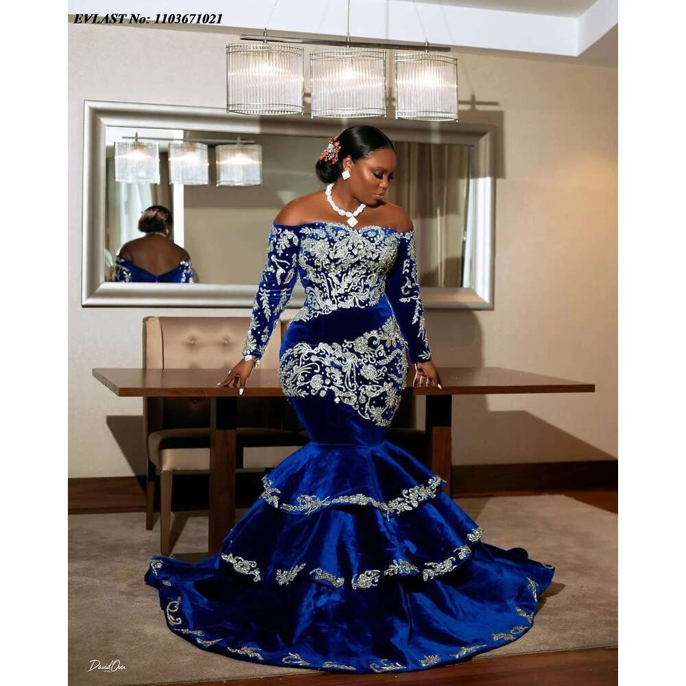 Custom Blue Royal White Lace Applique Ball Gown Layered Fringed Velvet Mermaid Aso Ebi Formal Occasion Dresses prom