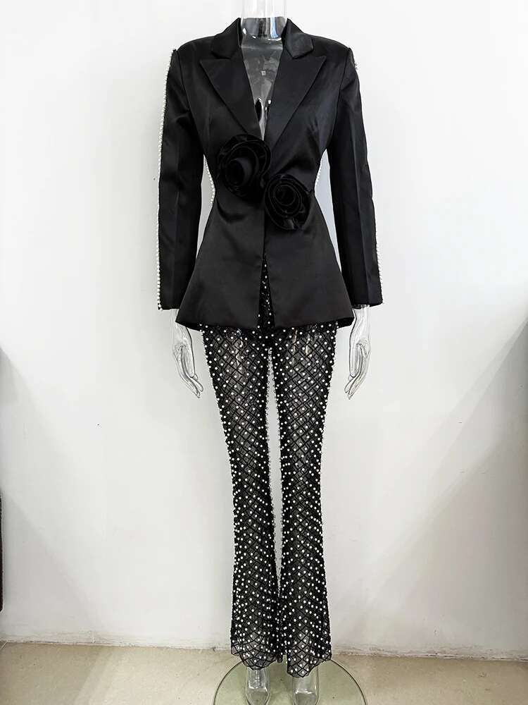 HIGH STREET Newest 2024 Designer Runway Women's Wers Appliques Hollow Out Blazer Gauze Beaded Perspective Pants Suit Set 2Pcs