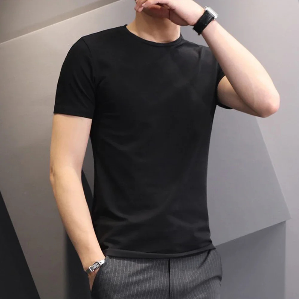 T-shirt White Black Short-sleeved Mens Clothing Slim Round Neck Bottoming Shirts Solid Color Tees Male Casual Pullover Tops 250314