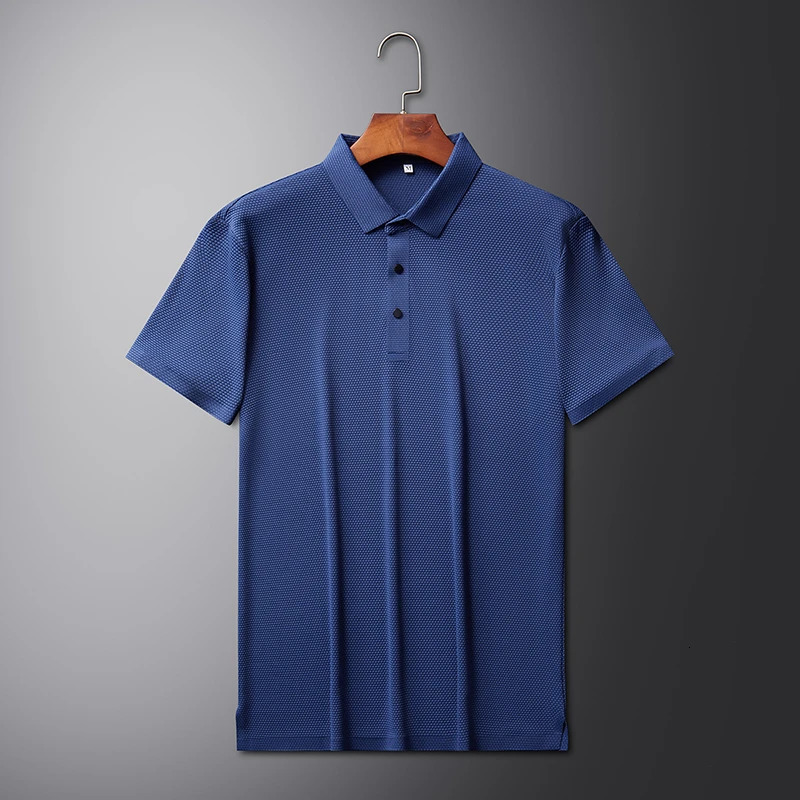 Mens High end Mesh Ice Silk Short sleeved Polo Shirt Summer Solid Color Thin Breathable Anti Wrinkle Tshirt 250312