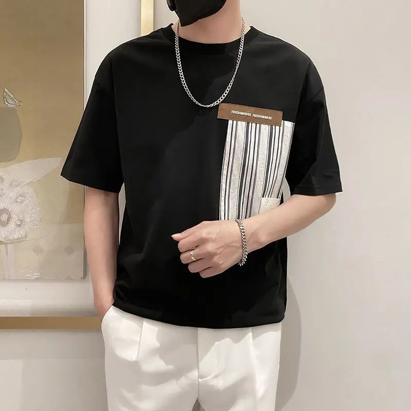 Summer round neck loose casual printed cotton T-shirt mens short sleeved simple full matching pull-out top Hombre Korean fashion T-shirt 250314