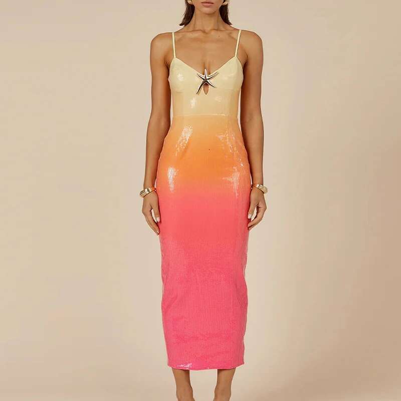 Sexy Women V Neck Starfish Suspender Summer Fashion Sequin Slim Split Long Dresses Elegant Gradient Sleeveless Party Dress
