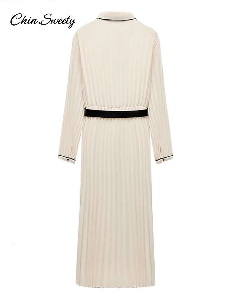 Elegant White Pleat Dress Women Belt Lapel Long Sleeve Single-Breasted Dresses 2025 Spring Summer Lady High Street Robes