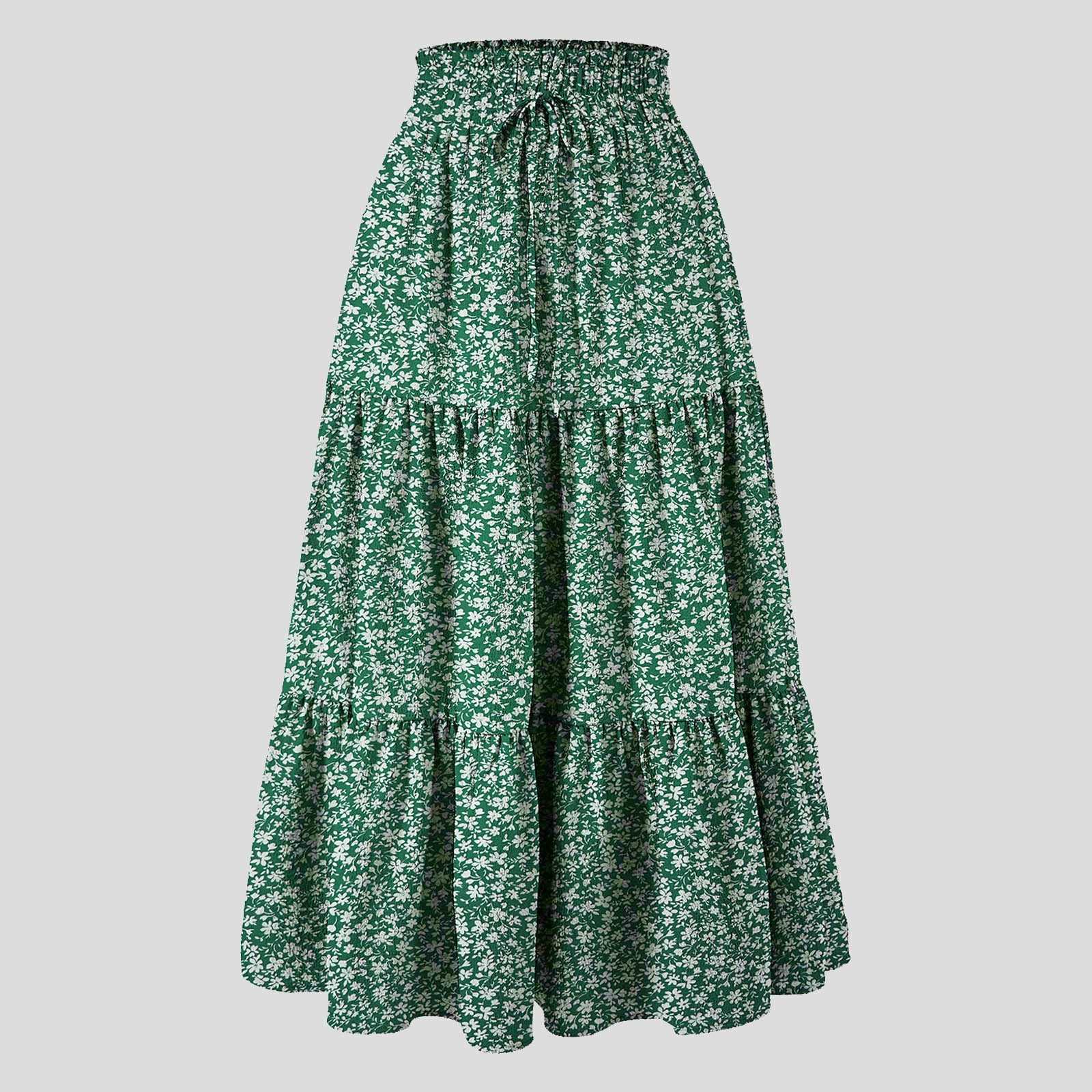 Skirts Womens Bohemian retro floral print Maxi leather elastic high waist pleated tassel A-line long kayak toddler autumn 2025 Falda Short Y250314CYGH