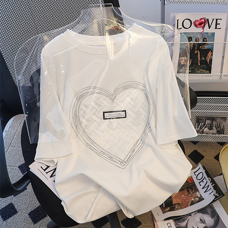200g pure cotton summer T-shirt Korean heavy industry hot diamond short sleeved designer plus size women's top new wide heart neutral clothing tr