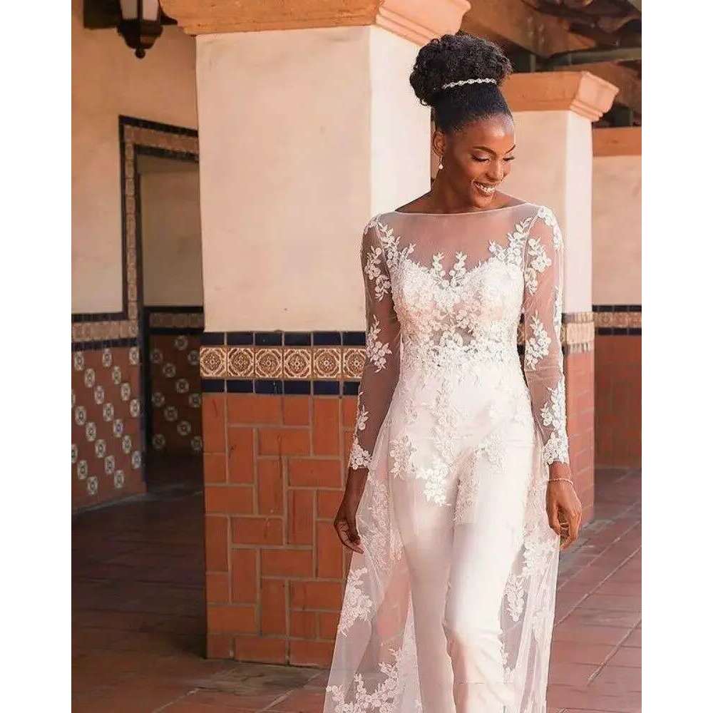 Custom New Arrival 3pcs Action Backless Wedding Long Sleeves Lace Appliques Bridal Dresses