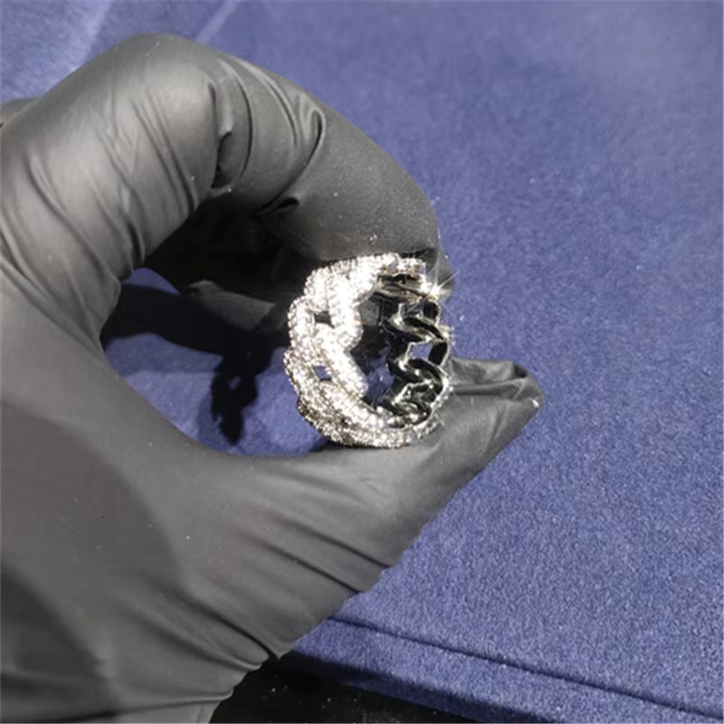 Custom Jewelry Moissanite Hip Hop Cuban Rings 925 Sterling Silver Fashion 2 Rows VVS Diamond Ring