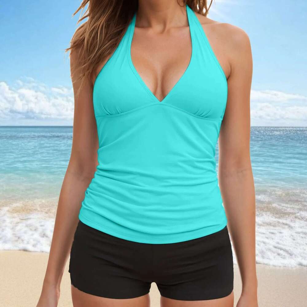 Two-piece swimsuit for women, tankini, V-neck, bare back, Y-shaped shorts, beachwear