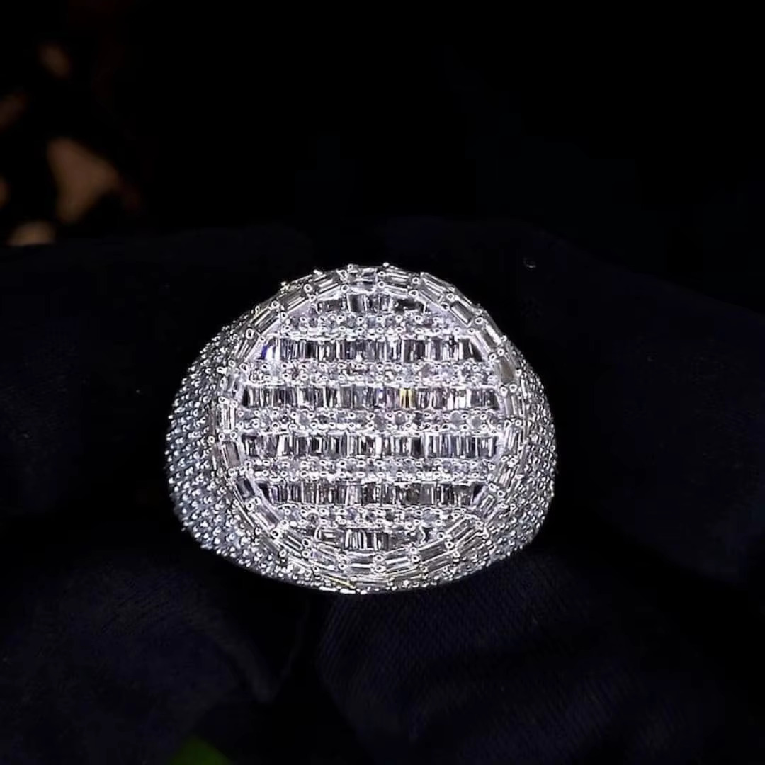 925 Sterling Silver Round Top Diamond Hip Hop Ring Bold Original Statement Jewelry Iced-Out Urban Bling for Men