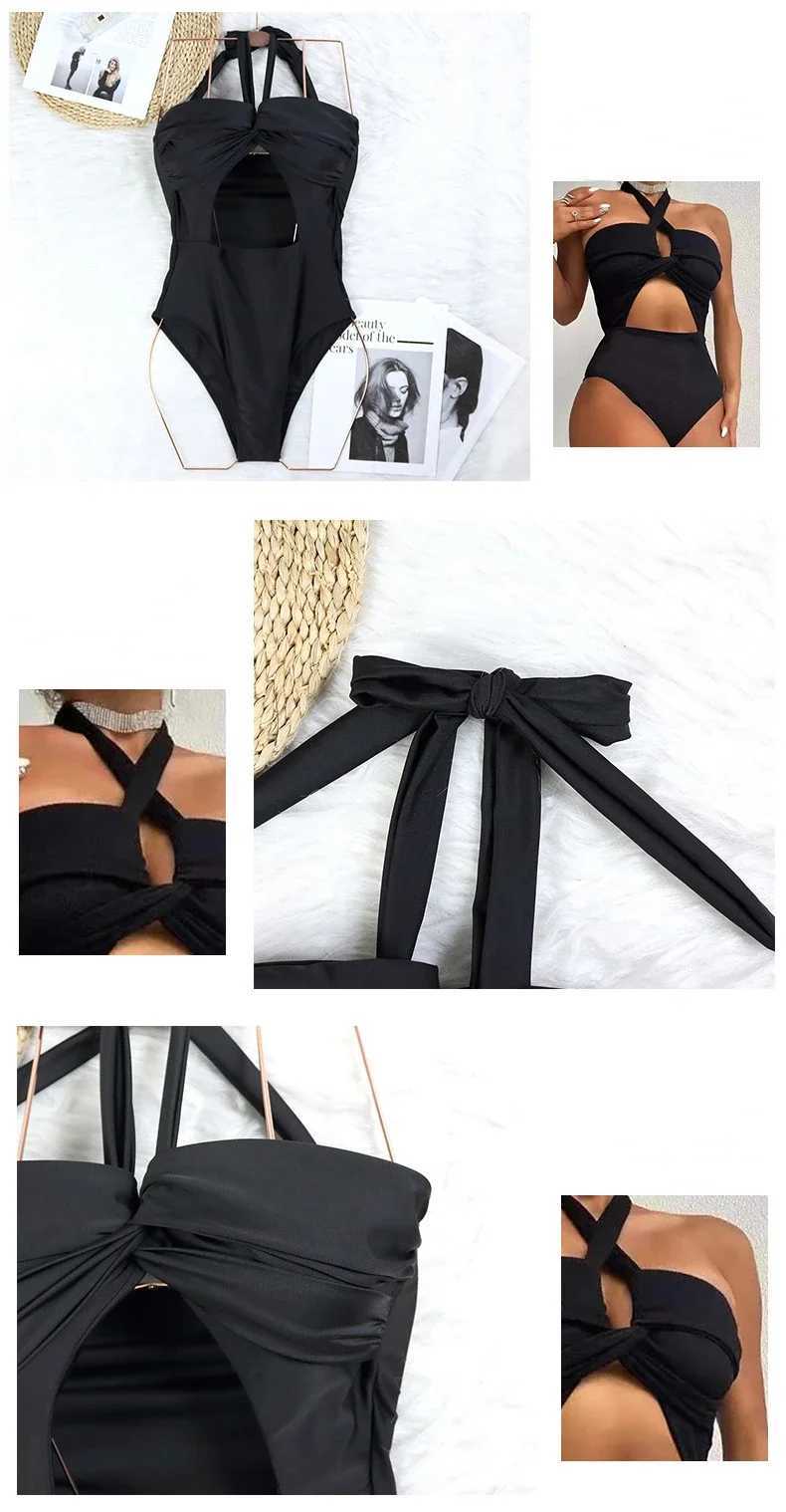 2025 new sexy one-piece swimsuit womens hollow shoulder strap sling high waist solid swimsuit beach wear Maio Finino PraiaXJ250315