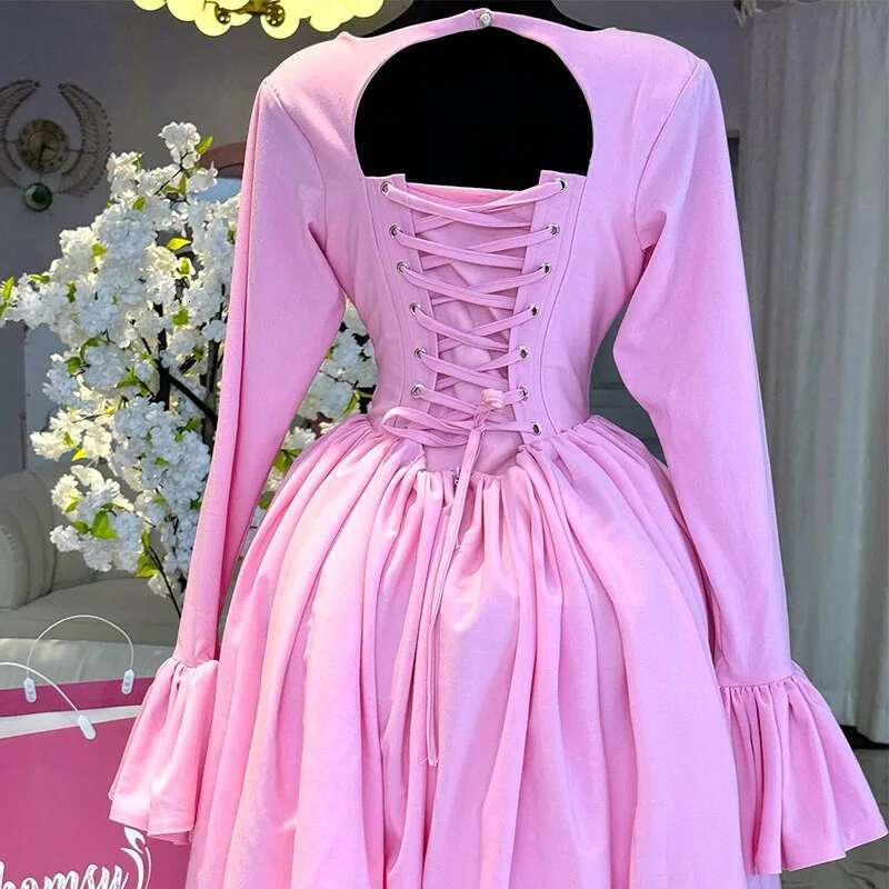Women's 2024 Autumn New Style Elegant Round Neck Long Sleeve Strap High Waist A-E Dress