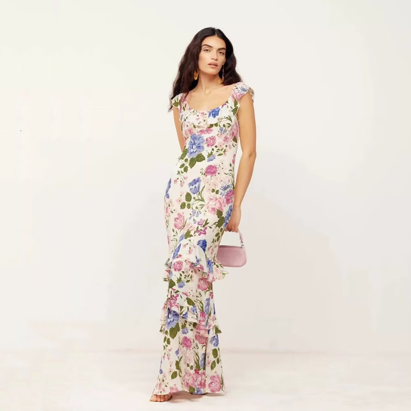 French Gentle Style Floral Suspender For Women's Summer Vacation Beach Dress, One Shoulder Strapless Fish Tail Long Dress