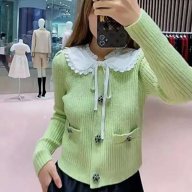 Office Lady Peter Pan Collar Sweaters Vintage Long Sleeve Loose Sweater Autumn 2022 Elegant Knit Cardigan For Women