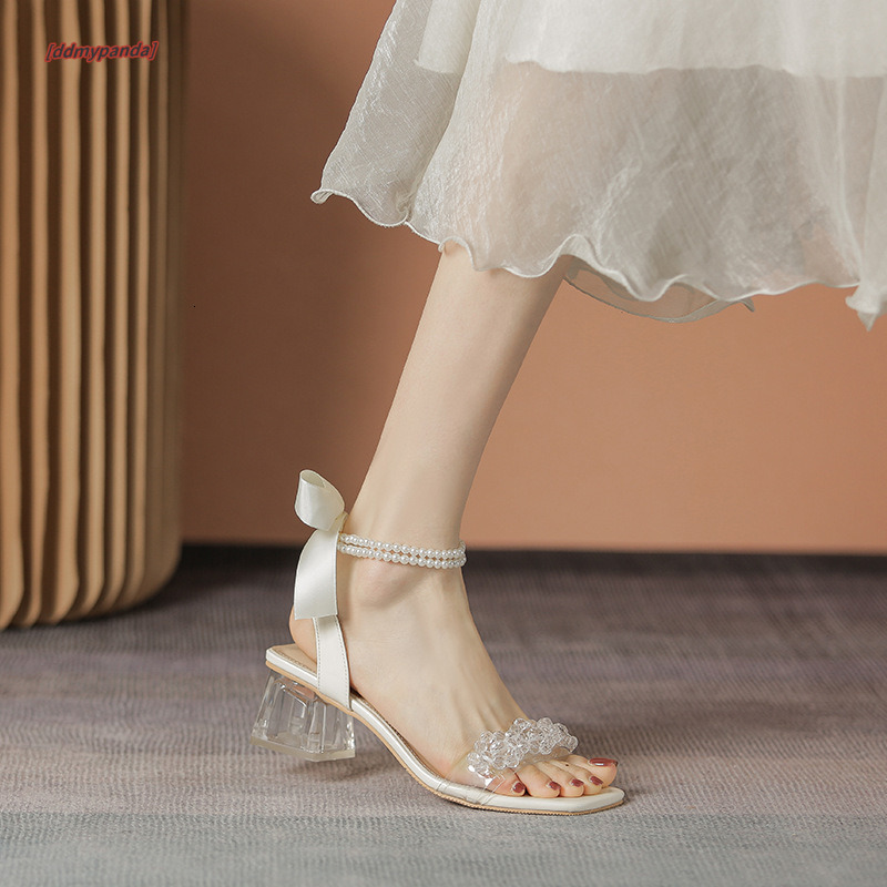 6CM Sandals Lightweight Summer Medium Single Shoes Ribbon Bow Pearl Crystal Heels Fairy Not Tired Feet ddmypanda