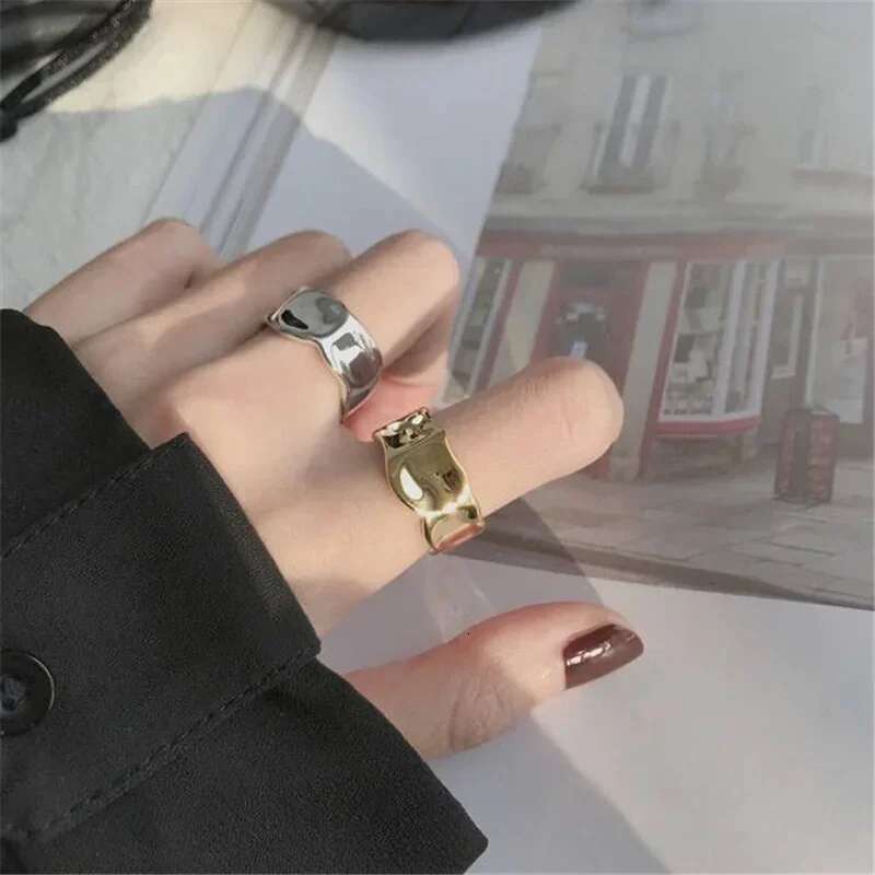 Vintage Irregular Pleated Wide Opening Ring For Women Fashion Geometric Gold Sier Color Punk Adjustable Rings Jewelry Gifts