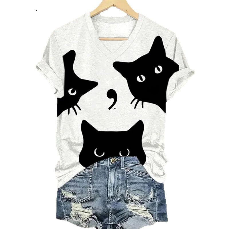 Hot Selling Printed Short Sleeved Style 3D Digital Cat Print Women's Clothing Simple V-Neck T-Shirt For Women