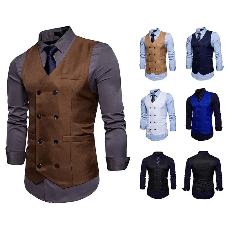 Summer Mens Double Breasted Blazer Casual Vest Khaki Waistcoat Men Sleeveless Suit Vest Male Plus Size Vintage Top 250310