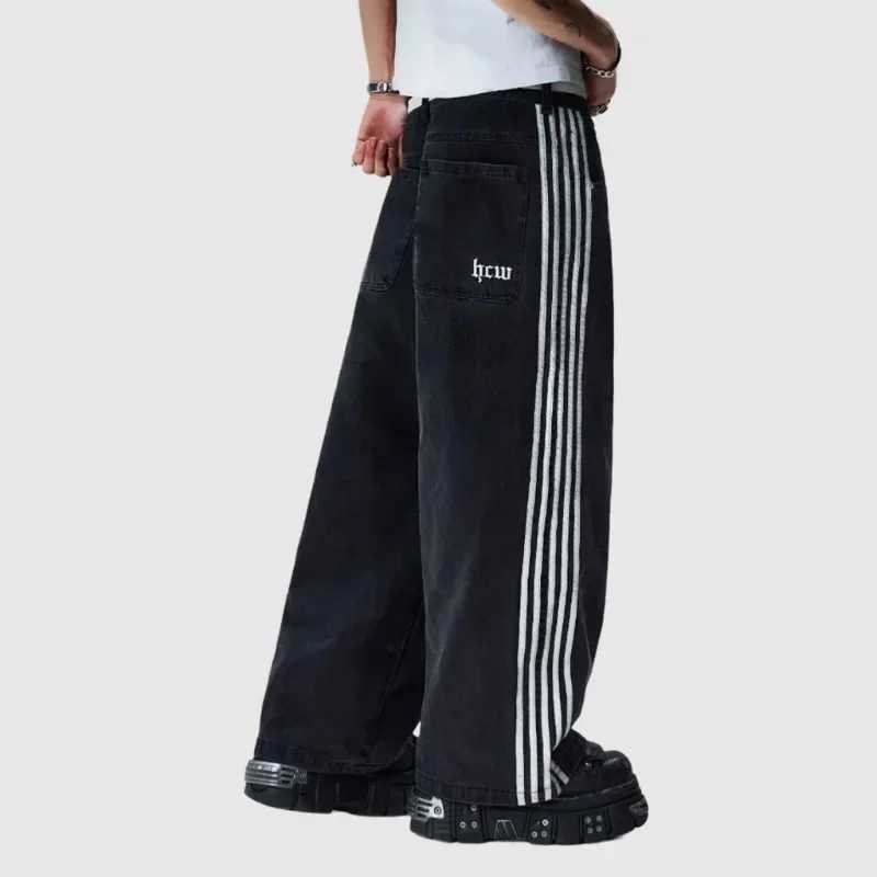 Y2K Baggy jeans Harajuku retro striped embroidered high-quality sports pants mens hip-hop casual wide leg street jeansT250319