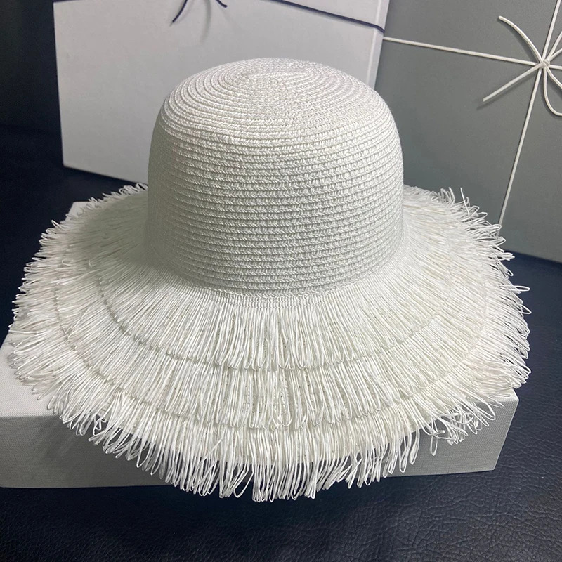 Fashion Wide Brim Womens Dome Tassel Straw Hat Sun Hat Beach Hat Sun Protection Jazz Hat Bucket Hat 250314