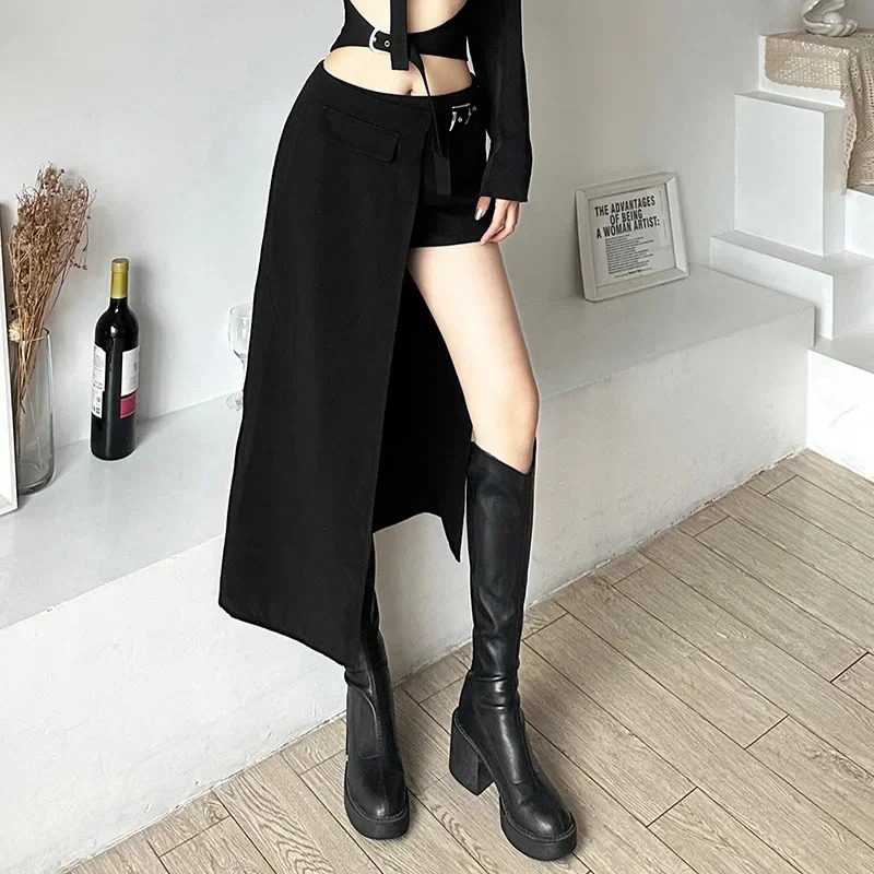 Goth Dark Techwear Gothic Patchwork Sexy Mini Skirts Women Grunge Irregular Hem High Waist Cargo Skirt Hip Hop Black Summer 250310