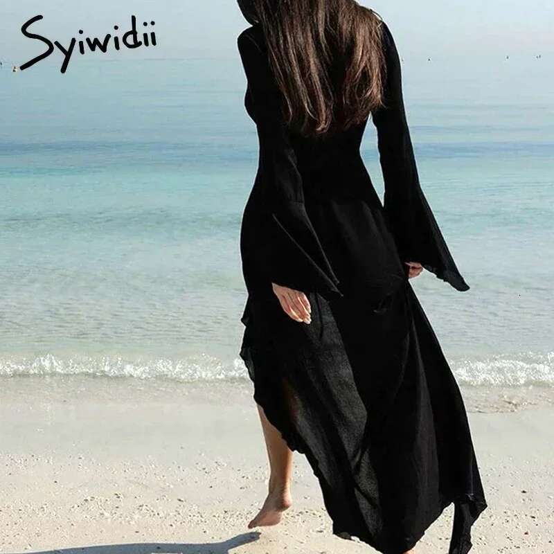 Syiwidii Irregular Ruffles Women's Chic V Neck Long Sleeve Lace Beach Dress Summer 2024 Fashion Lady Vacation Cover Up