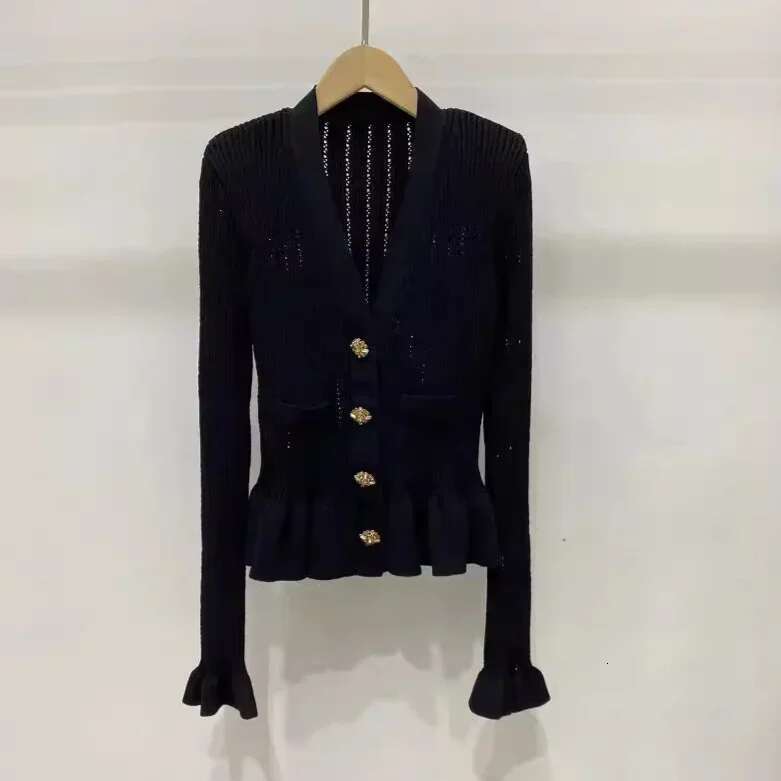 Women's Black Knitted Long-Sleeved Cardigan V-Neck Slim Fit Classic Design Ladies Tops