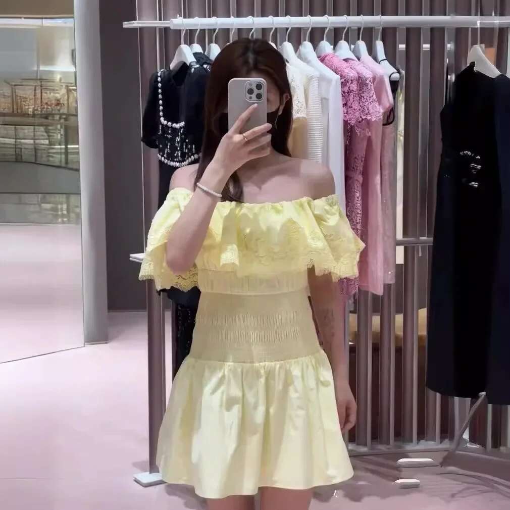 Summer Women's One-Shoulder Yellow Cotton Embroidered Waisted Backless Sexy Party Mini Dress
