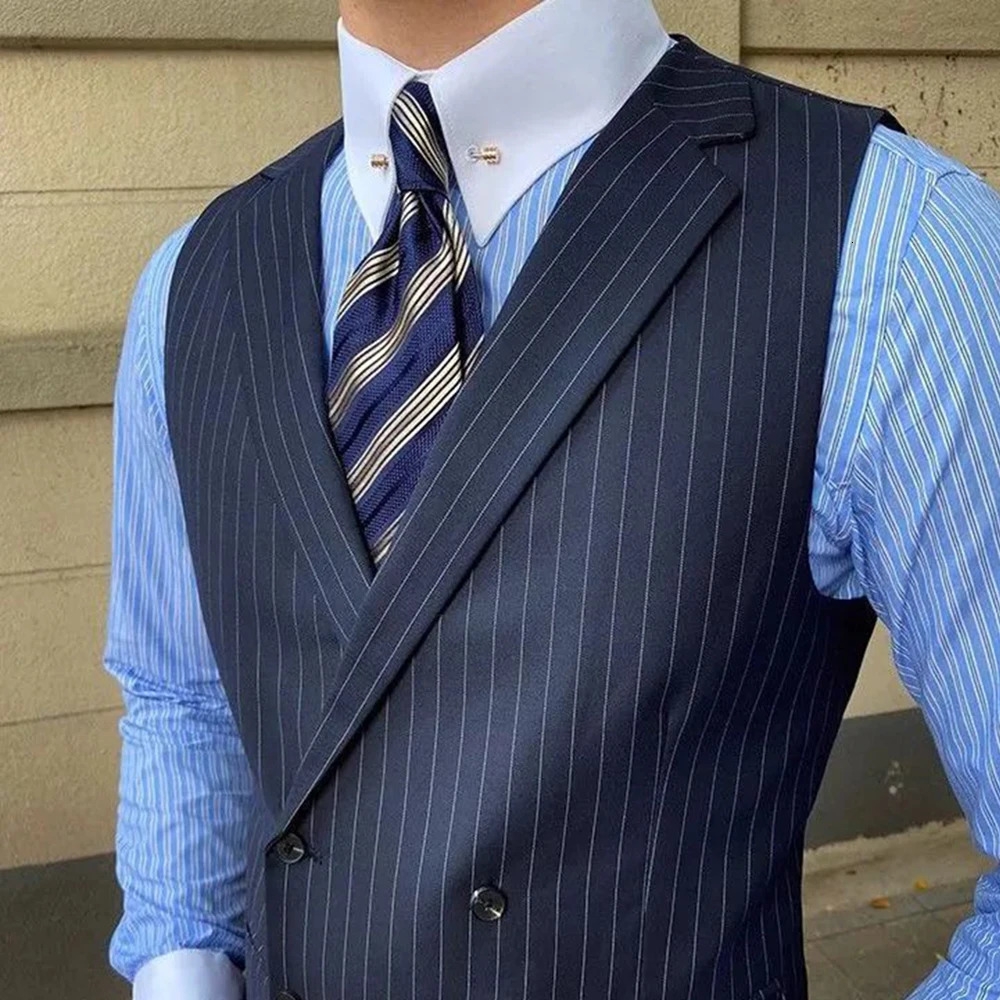 British Style Business Mens Striped Suit Vest Retro Double-breasted Elegant Slim Lapel Casual Mens Vest Retro Waistcoat Trendy 250310