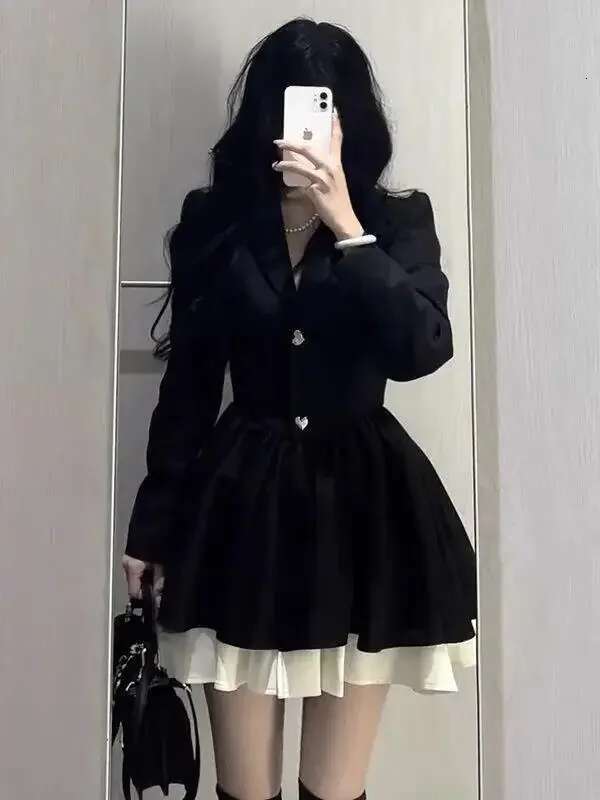 2023 New High-End Feel Petite Puff Skirt Long Sleeves Blacktweed Style Autumn Season Women Fashion Dress