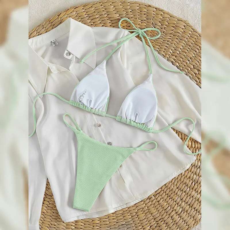 11 colors women's sexy simple solid suspender bikini swimsuit high waisted lace up beach swimsuit special pit striped fabric 2024